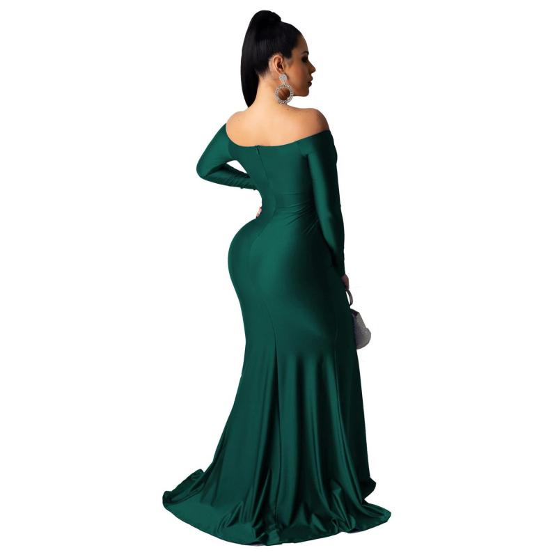 Green Long Sleeve Low Cut Luxury Women Evening Formal Dress