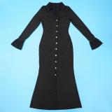 Black Long Sleeve Knitted Sweaters Single Breasted Midi Dress