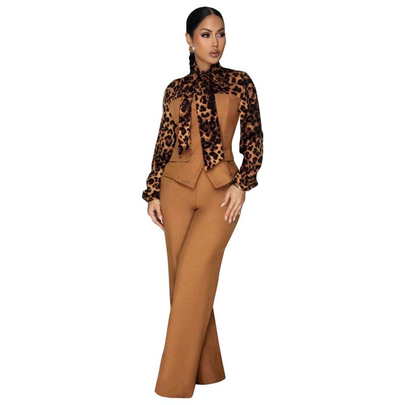 Brown Leopards Print Lace Up Suit Tops Office Lady Two Pieces Casual Pant Sets Jumpsuit