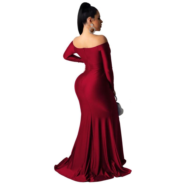 Red Long Sleeve Low Cut Luxury Women Evening Formal Dress