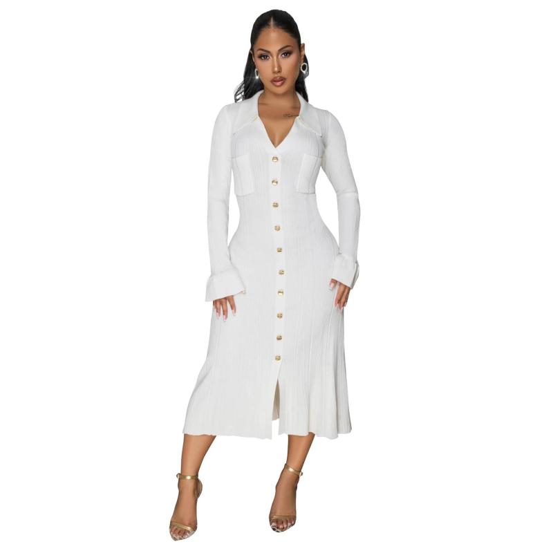 White Long Sleeve Knitted Sweaters Single Breasted Midi Dress