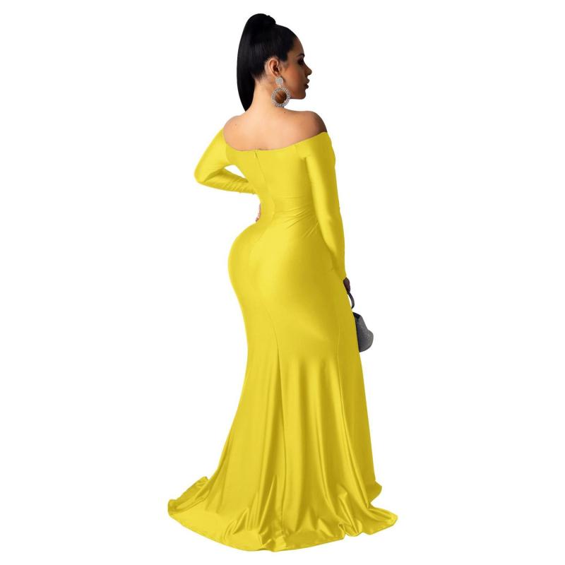 Yellow Long Sleeve Low Cut Luxury Women Evening Formal Dress
