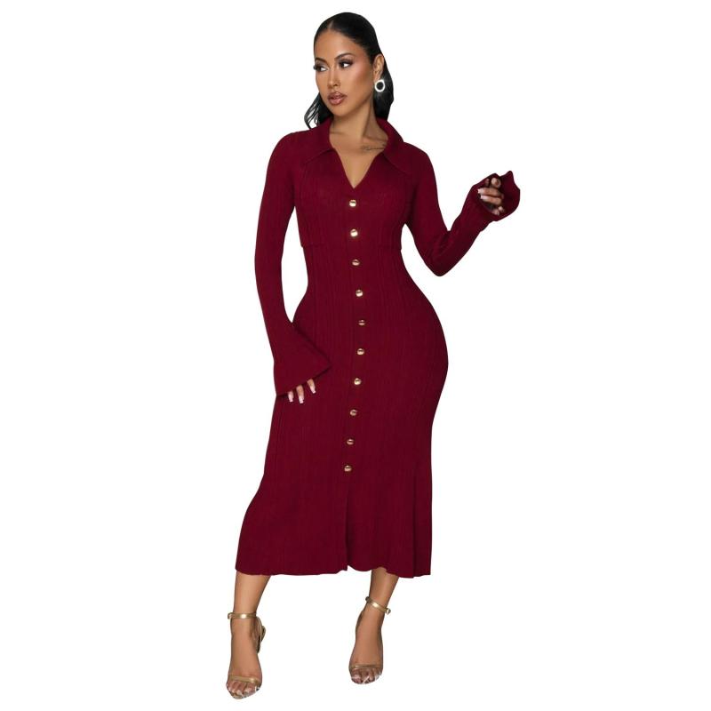 Wine Red Long Sleeve Knitted Sweaters Single Breasted Midi Dress