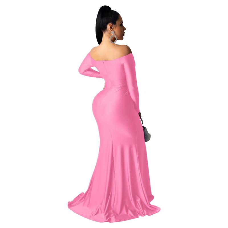 Pink Long Sleeve Low Cut Luxury Women Evening Formal Dress