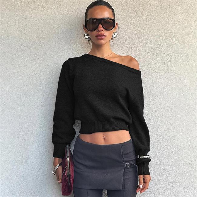 Black Long Sleeve Simple Knit Sweaters Fashion Tops