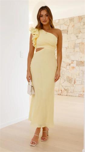 Yellow Sleeveless Evening Cut Out Solid Elegant Party Maxi Dress