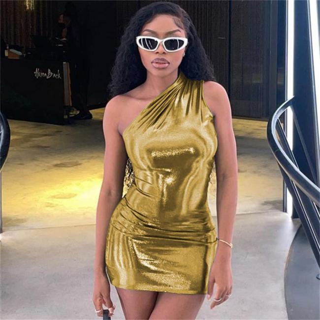 Gold Sexy One Shoulder Gilding Bodycon Pleated Club Dress