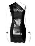 Black Sexy One Shoulder Gilding Bodycon Pleated Club Dress