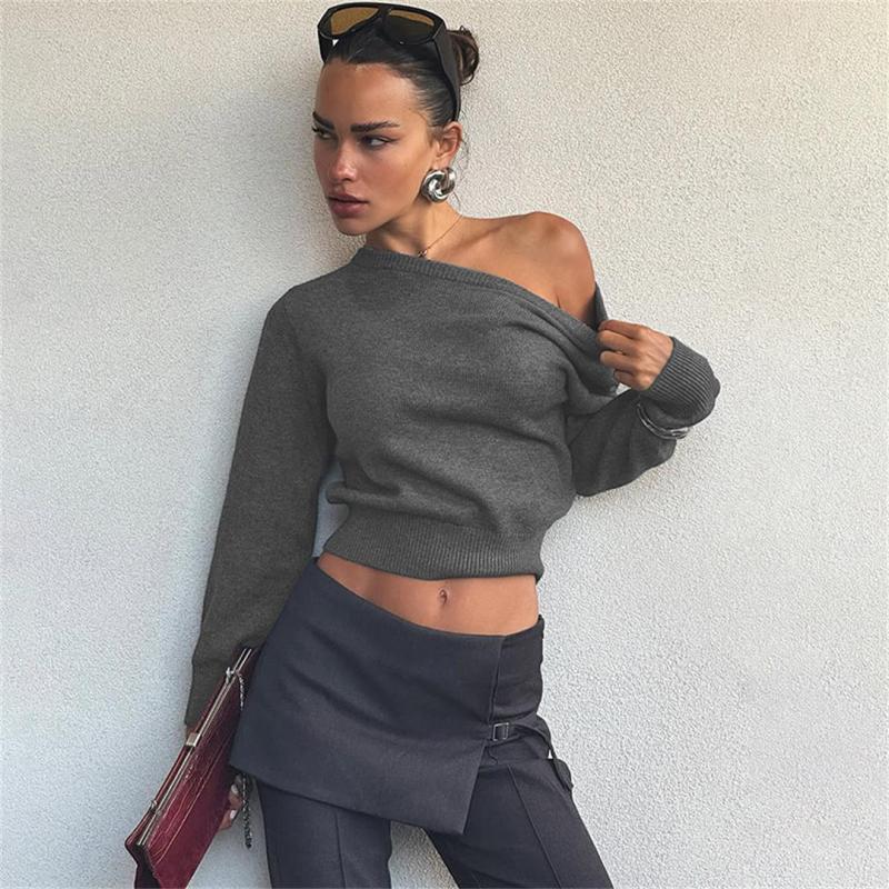 Gray Long Sleeve Simple Knit Sweaters Fashion Tops