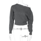 Gray Long Sleeve Simple Knit Sweaters Fashion Tops