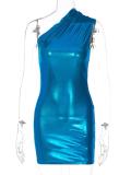 Blue Sexy One Shoulder Gilding Bodycon Pleated Club Dress