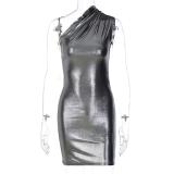 Gray Sexy One Shoulder Gilding Bodycon Pleated Club Dress
