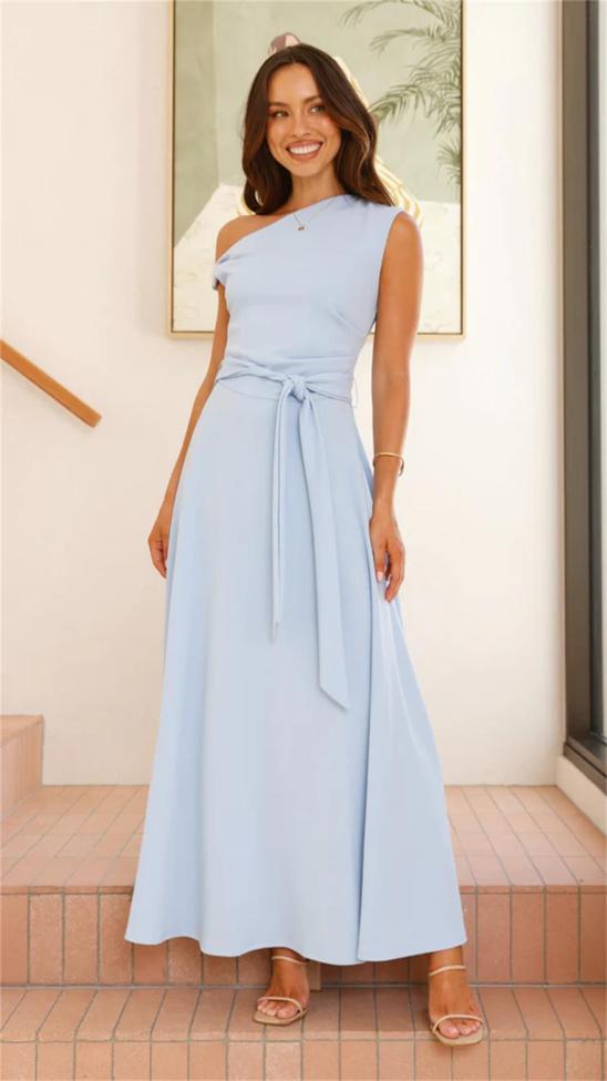 Light Blue Sleeveless Lace Up Waist Women Elegant Birthday Party Maxi Dress