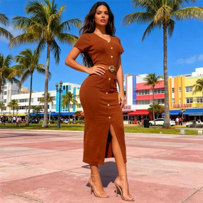 Brown Short Sleeve Knitted Button Bodycon Women Office Party Midi Dress