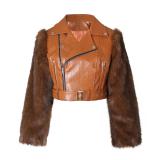 Brown Fur Long Sleeve Zipper Faux Leather Women Street Jacket