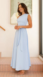 Light Blue Sleeveless Lace Up Waist Women Elegant Birthday Party Maxi Dress