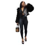 Black Fur Long Sleeve Zipper Faux Leather Women Street Jacket