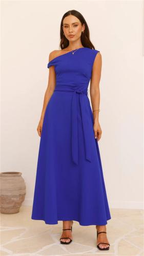 Blue Sleeveless Lace Up Waist Women Elegant Birthday Party Maxi Dress