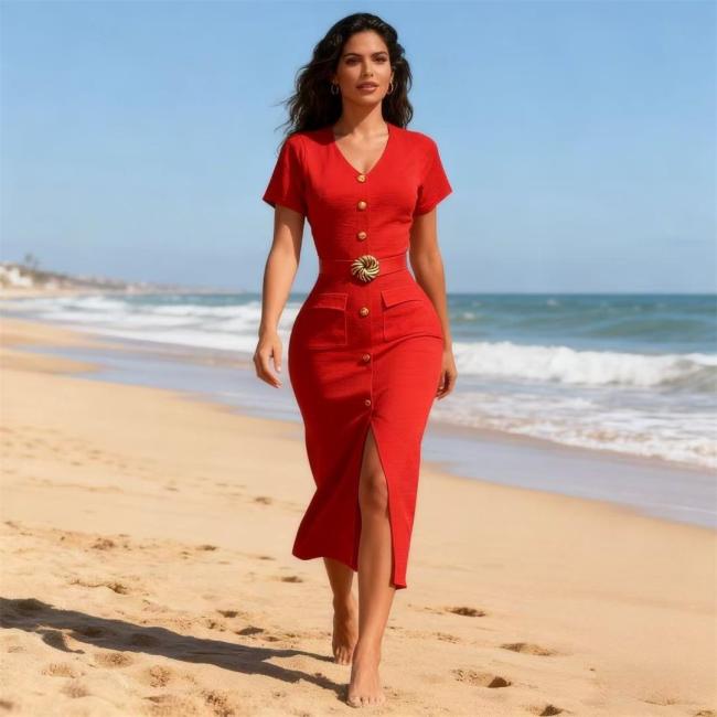 Red Short Sleeve Knitted Button Bodycon Women Office Party Midi Dress