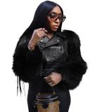 Black Fur Long Sleeve Zipper Faux Leather Women Street Jacket