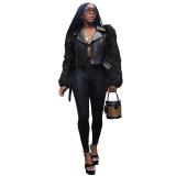 Black Fur Long Sleeve Zipper Faux Leather Women Street Jacket