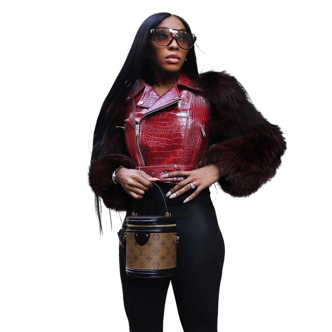 Red Fur Long Sleeve Zipper Faux Leather Women Street Jacket