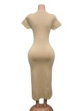 Khaki Short Sleeve Knitted Button Bodycon Women Office Party Midi Dress