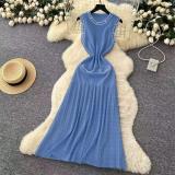Blue Sleeveless O-Neck Beading Knitted Fashion Formal Long Dress