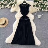 Black Sleeveless O-Neck Beading Knitted Fashion Formal Long Dress