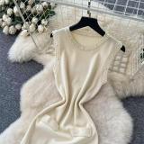 Apricot Sleeveless O-Neck Beading Knitted Fashion Formal Long Dress