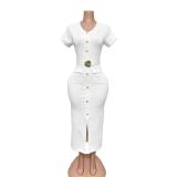 White Short Sleeve Knitted Button Bodycon Women Office Party Midi Dress
