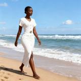 White Short Sleeve Knitted Button Bodycon Women Office Party Midi Dress