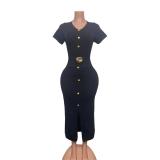 Black Short Sleeve Knitted Button Bodycon Women Office Party Midi Dress