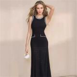 Black Sleeveless O-Neck Beading Knitted Fashion Formal Long Dress