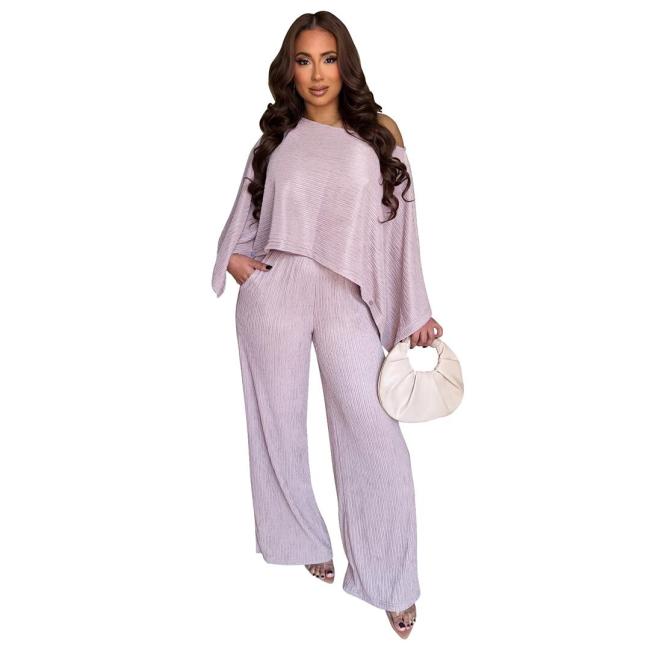 Purple Irregular Fashion Top Two Pieces Wide Leg Pant Sets