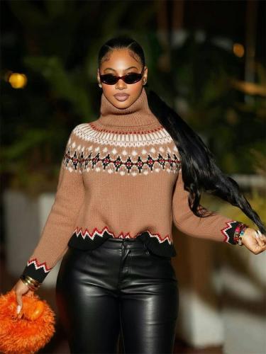 Khaki Autumn & Winter Knit Turtleneck Jacquard Sweater Fashion Office Lady Tops