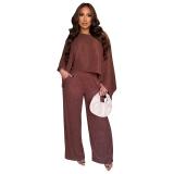 Brown Irregular Fashion Top Two Pieces Wide Leg Pant Sets