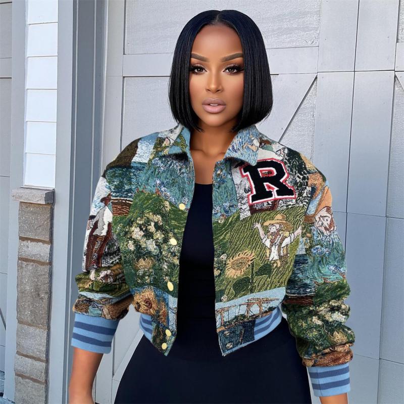 Green Long Sleeve Printed Vintage Fall & Winter Casual Fashion Jacket