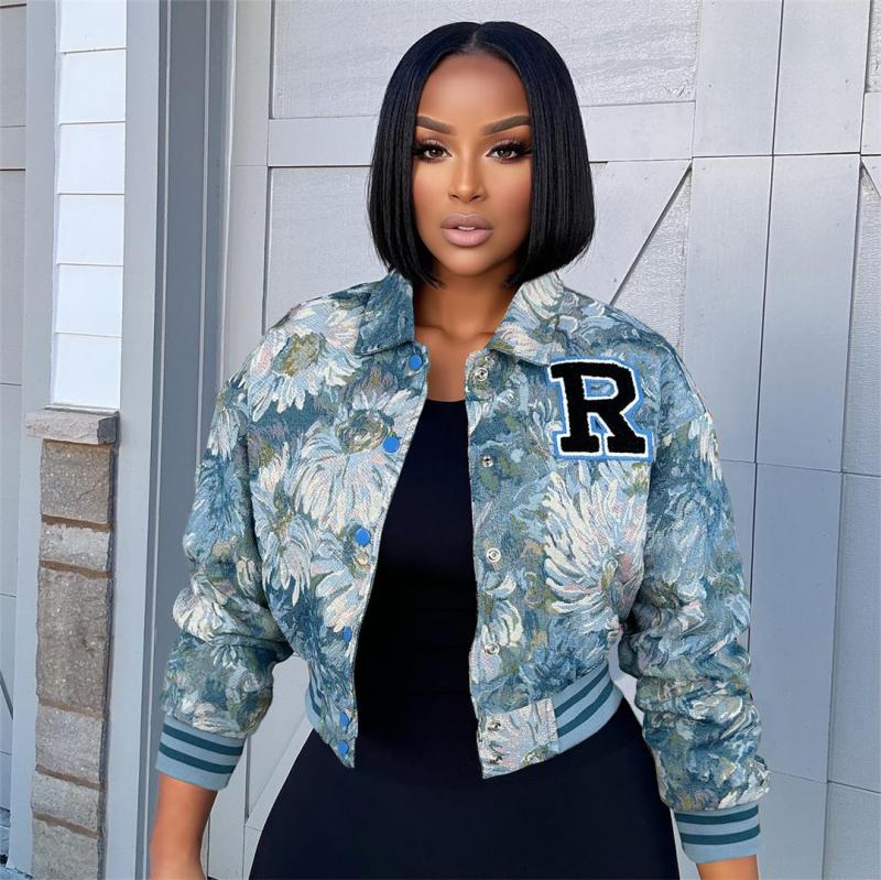 Blue Long Sleeve Printed Vintage Fall & Winter Casual Fashion Jacket