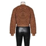 Brown Long Sleeve Zipper Fleece Winter Women Fashion Jacket