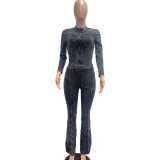 Black Long Sleeve Washed Distressed Two Pieces Bodycon Pant Sets