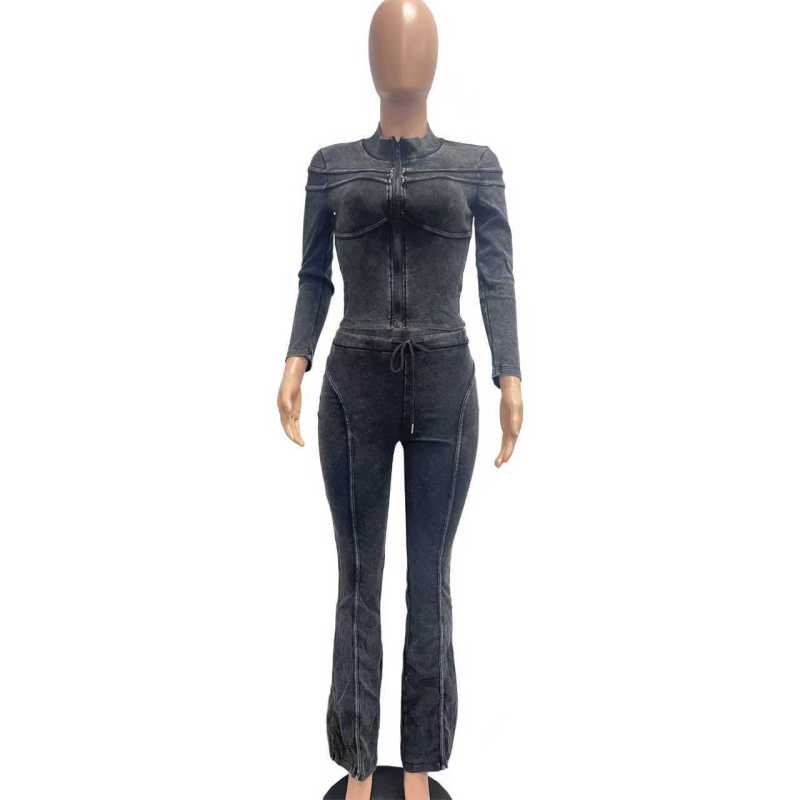 Black Long Sleeve Washed Distressed Two Pieces Bodycon Pant Sets