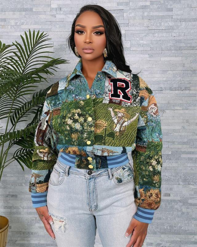 Green Long Sleeve Printed Vintage Fall & Winter Casual Fashion Jacket