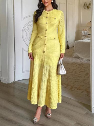 Yellow Long Sleeve Single Breasted Knitted Fashion Office Lady Elegant Maxi Dress