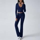 Royal Blue V Neck Knitted Crop Tops Two Pieces Casual Sports Pant Sets