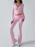 Pink V Neck Knitted Crop Tops Two Pieces Casual Sports Pant Sets