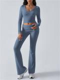Blue Gray V Neck Knitted Crop Tops Two Pieces Casual Sports Pant Sets