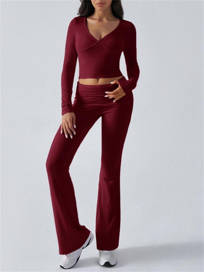 Red V Neck Knitted Crop Tops Two Pieces Casual Sports Pant Sets