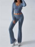 Blue Gray V Neck Knitted Crop Tops Two Pieces Casual Sports Pant Sets