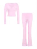 Pink V Neck Knitted Crop Tops Two Pieces Casual Sports Pant Sets